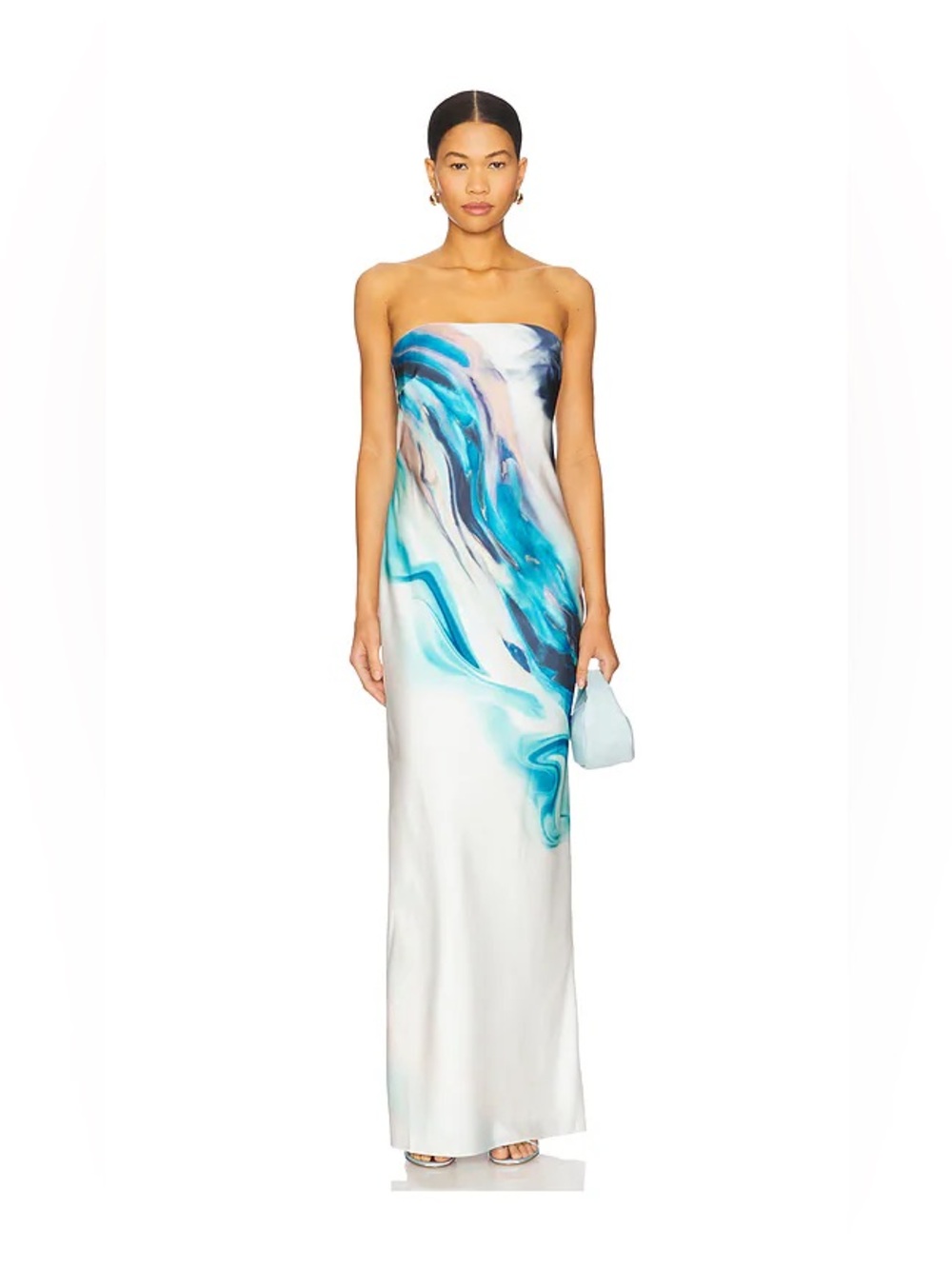 Et Ochs Nessa Strapless White Maxi Dress with Blue Swirl Print